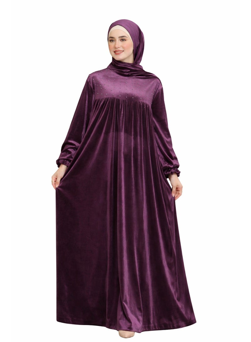 Women’s Velvet Prayer Dress (Isdal) – Elegant Design with Subtle Sparkle – Loose Fit with Matching Hijab - Purple - Image 4